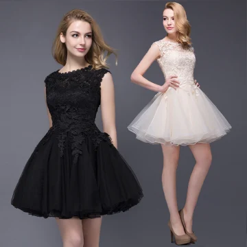 Chic Beautiful Party Dresses 2017 Champagne Short A Line Princess Scoop Neck Sleeveless Lace Appliques Formal Dresses