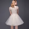 Chic / Beautiful Party Dresses 2017 Champagne Short A-Line / Princess Scoop Neck Sleeveless Lace Appliques Formal Dresses