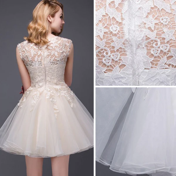 Chic / Beautiful Party Dresses 2017 Champagne Short A-Line / Princess Scoop Neck Sleeveless Lace Appliques Formal Dresses