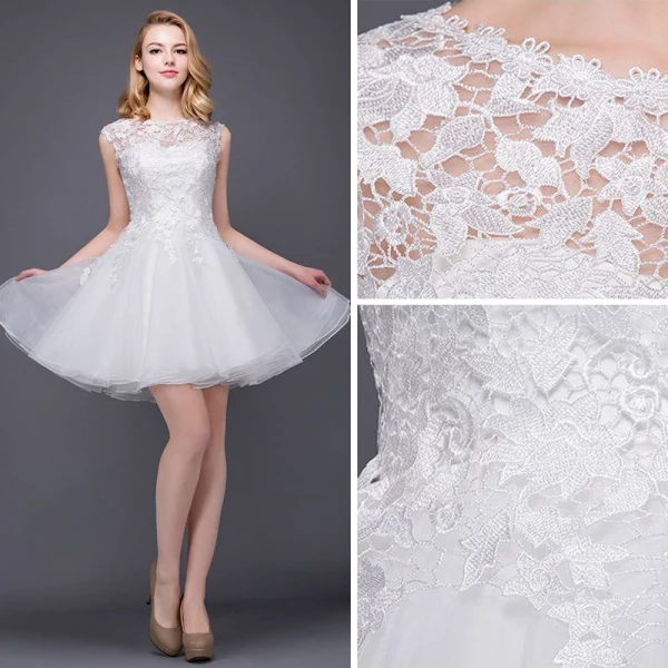 Chic / Beautiful Party Dresses 2017 Champagne Short A-Line / Princess Scoop Neck Sleeveless Lace Appliques Formal Dresses