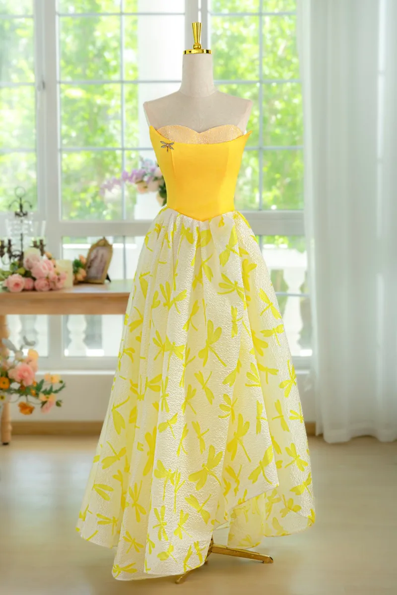 strapless open back dress Princess Yellow Satin Short Prom Dresses, Yellow Homecoming Dresses, S –  Shiny Party main image 1