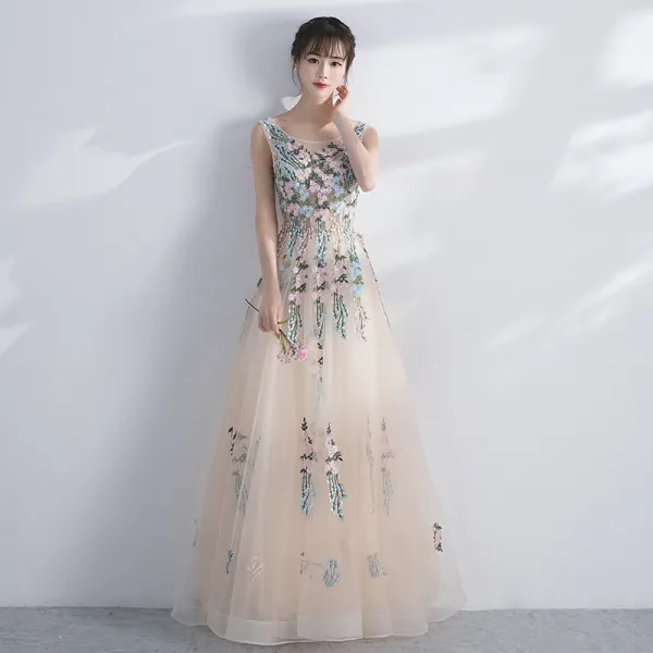 Amazing / Unique Prom Dresses 2017 Champagne A-Line / Princess Floor-Length / Long Scoop Neck Sleeveless Backless Appliques Flower Formal Dresses