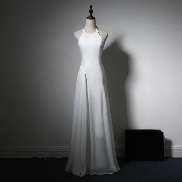 Simple Robe De Soirée 2017 Blanche Princesse Longue Titulaire Sans Manches Dos Nu Robe De Ceremonie