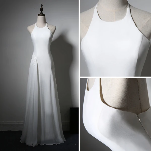Simple Robe De Soirée 2017 Blanche Princesse Longue Titulaire Sans Manches Dos Nu Robe De Ceremonie
