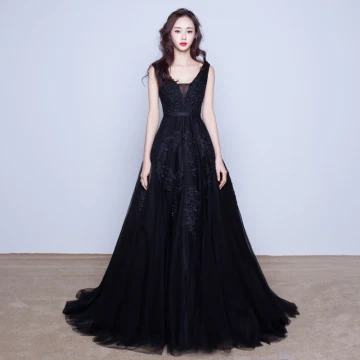 Chic Belle Robe De Soirée 2017 Noir Princesse Train De Balayage V Cou Sans Manches Dos Nu Satin Ceinture Perle En Dentelle Appliques Robe De Ceremonie