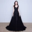 Chic / Belle Robe De Soirée 2017 Noir Princesse Train De Balayage V-Cou Sans Manches Dos Nu Satin Ceinture Perle En Dentelle Appliques Robe De Ceremonie
