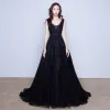 Chic / Beautiful Evening Dresses  2017 Black A-Line / Princess Sweep Train V-Neck Sleeveless Backless Satin Sash Pearl Lace Appliques Formal Dresses