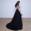 Chic / Beautiful Evening Dresses  2017 Black A-Line / Princess Sweep Train V-Neck Sleeveless Backless Satin Sash Pearl Lace Appliques Formal Dresses