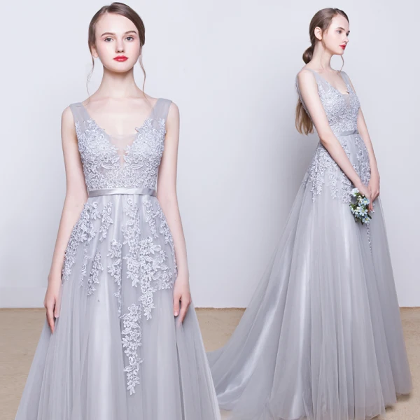 Chic / Belle Robe De Soirée 2017 Noir Princesse Train De Balayage V-Cou Sans Manches Dos Nu Satin Ceinture Perle En Dentelle Appliques Robe De Ceremonie