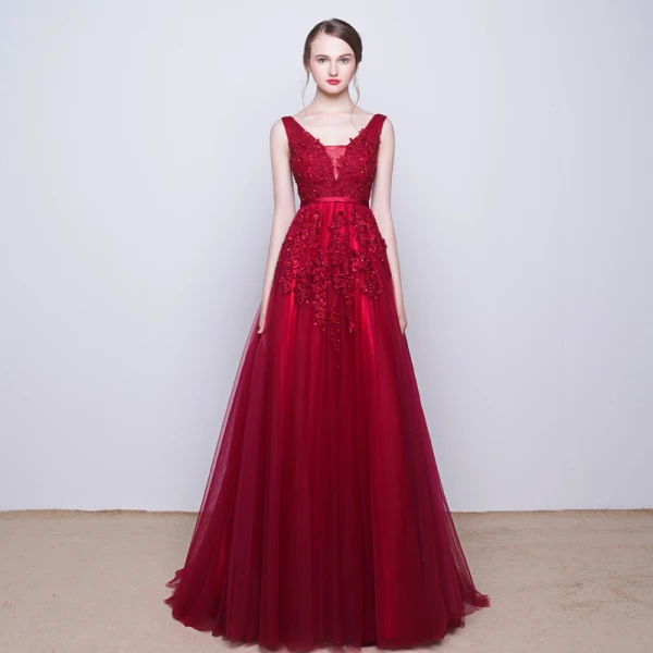 Chic / Belle Robe De Soirée 2017 Noir Princesse Train De Balayage V-Cou Sans Manches Dos Nu Satin Ceinture Perle En Dentelle Appliques Robe De Ceremonie