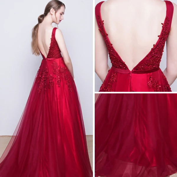 Chic / Belle Robe De Soirée 2017 Noir Princesse Train De Balayage V-Cou Sans Manches Dos Nu Satin Ceinture Perle En Dentelle Appliques Robe De Ceremonie