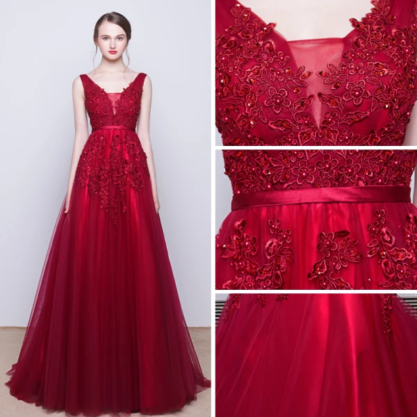 Chic / Belle Robe De Soirée 2017 Noir Princesse Train De Balayage V-Cou Sans Manches Dos Nu Satin Ceinture Perle En Dentelle Appliques Robe De Ceremonie