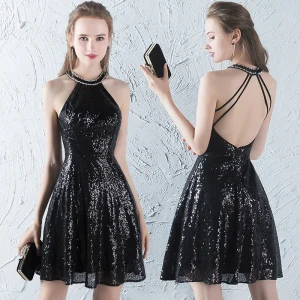 Scintillantes Glitter Robe De Fete 2017 Noire Paillettes Courte Princesse Titulaire Sans Manches Dos Nu Robe De Ceremonie