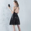 Sparkly Glitter Party Dresses 2017 Black Sequins Short A-Line / Princess Halter Sleeveless Backless Formal Dresses