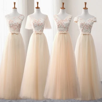 Chic Beautiful Champagne Bridesmaid Dresses 2018 A Line Princess Appliques Flower Bow Sash Floor Length Long Ruffle Backless Wedding Party Dresses