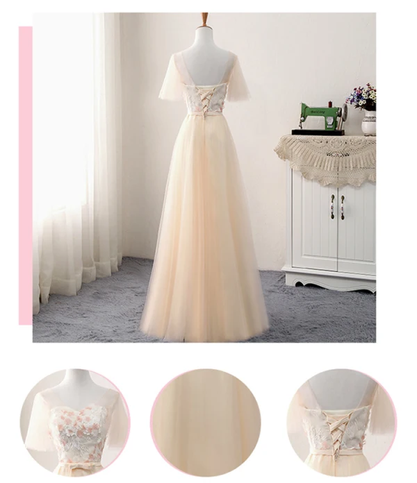 Chic / Beautiful Champagne Bridesmaid Dresses 2018 A-Line / Princess Appliques Flower Bow Sash Floor-Length / Long Ruffle Backless Wedding Party Dresses