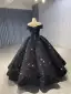 Sparkly Black Sequined Quinceañera Prom Dresses 2026 Sequins Formal Dresses With Cloak Crossed Straps Floor-Length / Long Off-The-Shoulder Ball Gown