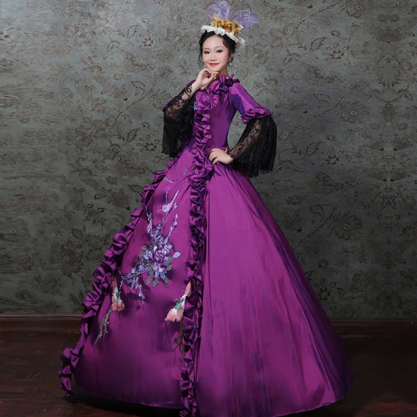 Vintage / Retro Medieval Grape Ball Gown Prom Dresses 2021 Zipper Up Long Sleeve Square Neckline Floor-Length / Long 3D Lace Flower Lace Satin Cosplay Prom Formal Dresses