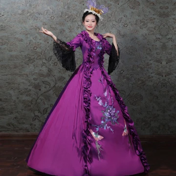 Vintage Retro Medieval Grape Ball Gown Prom Dresses 2021 Zipper Up Long Sleeve Square Neckline Floor Length Long 3d Lace Flower Lace Satin Cosplay Prom Formal Dresses
