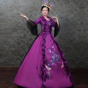 Vintage Mittelalterlich Traube Ballkleid Ballkleider 2021 Reißverschluss Lange Ärmel Eckiger Ausschnitt Lange 3 D Spitze Blumen Spitze Satin Cosplay Ball Festliche Kleider