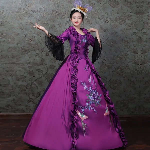 Vintage / Retro Medieval Grape Ball Gown Prom Dresses 2021 Zipper Up Long Sleeve Square Neckline Floor-Length / Long 3D Lace Flower Lace Satin Cosplay Prom Formal Dresses