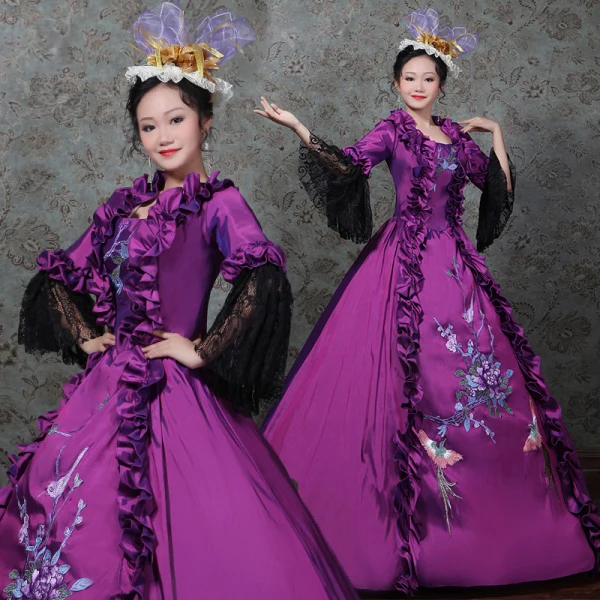 Vintage / Retro Medieval Grape Ball Gown Prom Dresses 2021 Zipper Up Long Sleeve Square Neckline Floor-Length / Long 3D Lace Flower Lace Satin Cosplay Prom Formal Dresses