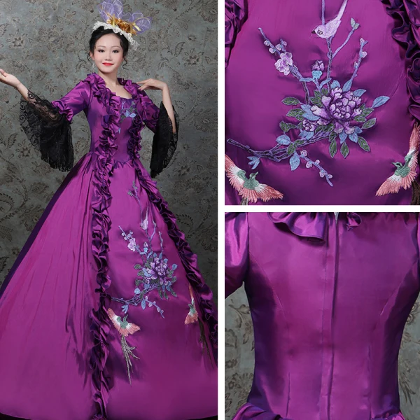 Vintage / Retro Medieval Grape Ball Gown Prom Dresses 2021 Zipper Up Long Sleeve Square Neckline Floor-Length / Long 3D Lace Flower Lace Satin Cosplay Prom Formal Dresses