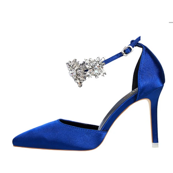 Sexig Silver Afton Damskor Högklackade 2022 Rhinestone Ankelband 9 cm Stilettklackar Spetsiga Damskor