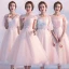 Chic / Belle de retour Robe De Graduation 2017 Rougissant Rose Princesse Thé Longueur Col Haut Manches Courtes Dos Nu En Dentelle Appliques Robe De Ceremonie