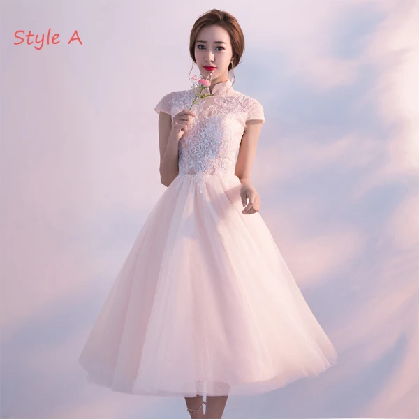 Chic / Belle de retour Robe De Graduation 2017 Rougissant Rose Princesse Thé Longueur Col Haut Manches Courtes Dos Nu En Dentelle Appliques Robe De Ceremonie