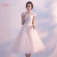 Chic / Belle de retour Robe De Graduation 2017 Rougissant Rose Princesse Thé Longueur Col Haut Manches Courtes Dos Nu En Dentelle Appliques Robe De Ceremonie