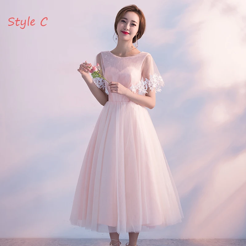Chic Beautiful Homecoming Graduation Dresses 2017 Blushing Pink A Line  Princess Tea Length High Neck Short Sleeve Backless Lace Appliques Formal  Dresses