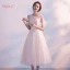 Chic / Belle de retour Robe De Graduation 2017 Rougissant Rose Princesse Thé Longueur Col Haut Manches Courtes Dos Nu En Dentelle Appliques Robe De Ceremonie