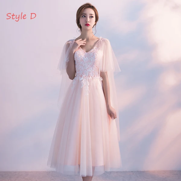 Chic / Belle de retour Robe De Graduation 2017 Rougissant Rose Princesse Thé Longueur Col Haut Manches Courtes Dos Nu En Dentelle Appliques Robe De Ceremonie
