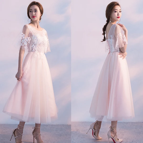 Chic / Belle de retour Robe De Graduation 2017 Rougissant Rose Princesse Thé Longueur Col Haut Manches Courtes Dos Nu En Dentelle Appliques Robe De Ceremonie