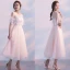 Chic / Belle de retour Robe De Graduation 2017 Rougissant Rose Princesse Thé Longueur Col Haut Manches Courtes Dos Nu En Dentelle Appliques Robe De Ceremonie
