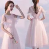 Chic / Beautiful Homecoming Graduation Dresses 2017 Blushing Pink A-Line / Princess Tea-length High Neck Short Sleeve Backless Lace Appliques Formal Dresses