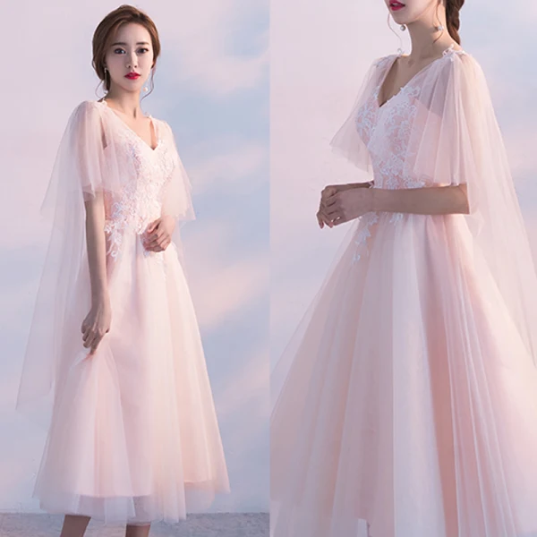 Chic / Belle de retour Robe De Graduation 2017 Rougissant Rose Princesse Thé Longueur Col Haut Manches Courtes Dos Nu En Dentelle Appliques Robe De Ceremonie