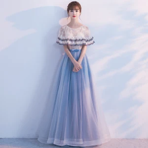 Chic Belle De Retour Robe De Graduation 2017 Champagne Bleu D 039 Encre Princesse Longue Volants En Cascade Encolure Dégagée 1 2 Manches Dentelle Appliques Fleur Gland Noeud Ceinture Robe De Ceremonie