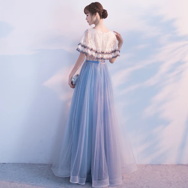 Chic / Beautiful Homecoming Graduation Dresses 2017 Champagne Ink Blue A-Line / Princess Floor-Length / Long Cascading Ruffles Scoop Neck 1/2 Sleeves Lace Appliques Flower Tassel Bow Sash Formal Dresses