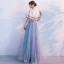 Chic / Beautiful Homecoming Graduation Dresses 2017 Champagne Ink Blue A-Line / Princess Floor-Length / Long Cascading Ruffles Scoop Neck 1/2 Sleeves Lace Appliques Flower Tassel Bow Sash Formal Dresses