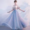 Chic / Beautiful Homecoming Graduation Dresses 2017 Champagne Ink Blue A-Line / Princess Floor-Length / Long Cascading Ruffles Scoop Neck 1/2 Sleeves Lace Appliques Flower Tassel Bow Sash Formal Dresses