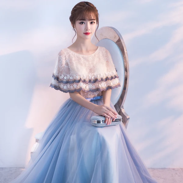 Chic / Beautiful Homecoming Graduation Dresses 2017 Champagne Ink Blue A-Line / Princess Floor-Length / Long Cascading Ruffles Scoop Neck 1/2 Sleeves Lace Appliques Flower Tassel Bow Sash Formal Dresses