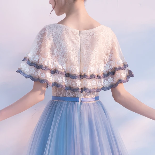 Chic / Beautiful Homecoming Graduation Dresses 2017 Champagne Ink Blue A-Line / Princess Floor-Length / Long Cascading Ruffles Scoop Neck 1/2 Sleeves Lace Appliques Flower Tassel Bow Sash Formal Dresses