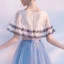Chic / Beautiful Homecoming Graduation Dresses 2017 Champagne Ink Blue A-Line / Princess Floor-Length / Long Cascading Ruffles Scoop Neck 1/2 Sleeves Lace Appliques Flower Tassel Bow Sash Formal Dresses