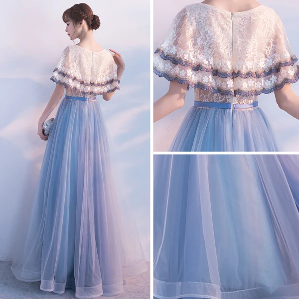 Chic / Beautiful Homecoming Graduation Dresses 2017 Champagne Ink Blue A-Line / Princess Floor-Length / Long Cascading Ruffles Scoop Neck 1/2 Sleeves Lace Appliques Flower Tassel Bow Sash Formal Dresses