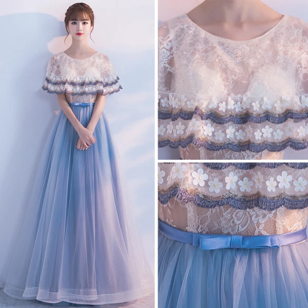 Chic / Beautiful Homecoming Graduation Dresses 2017 Champagne Ink Blue A-Line / Princess Floor-Length / Long Cascading Ruffles Scoop Neck 1/2 Sleeves Lace Appliques Flower Tassel Bow Sash Formal Dresses