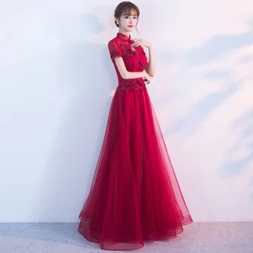 Chinese Style Evening Dresses 2017 Burgundy A Line Princess Floor Length Long High Neck Short Sleeve Backless Lace Appliques Flower Formal Dresses