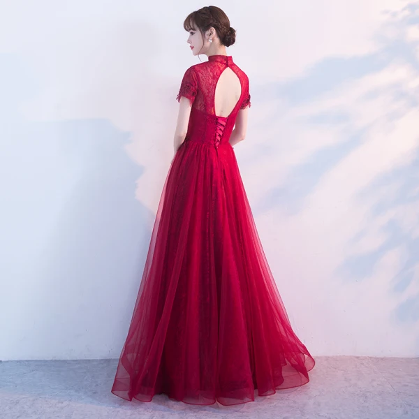 Chinese style Evening Dresses 2017 Burgundy A-Line / Princess Floor-Length / Long High Neck Short Sleeve Backless Lace Appliques Flower Formal Dresses