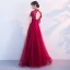 Chinese style Evening Dresses  2017 Burgundy A-Line / Princess Floor-Length / Long High Neck Short Sleeve Backless Lace Appliques Flower Formal Dresses